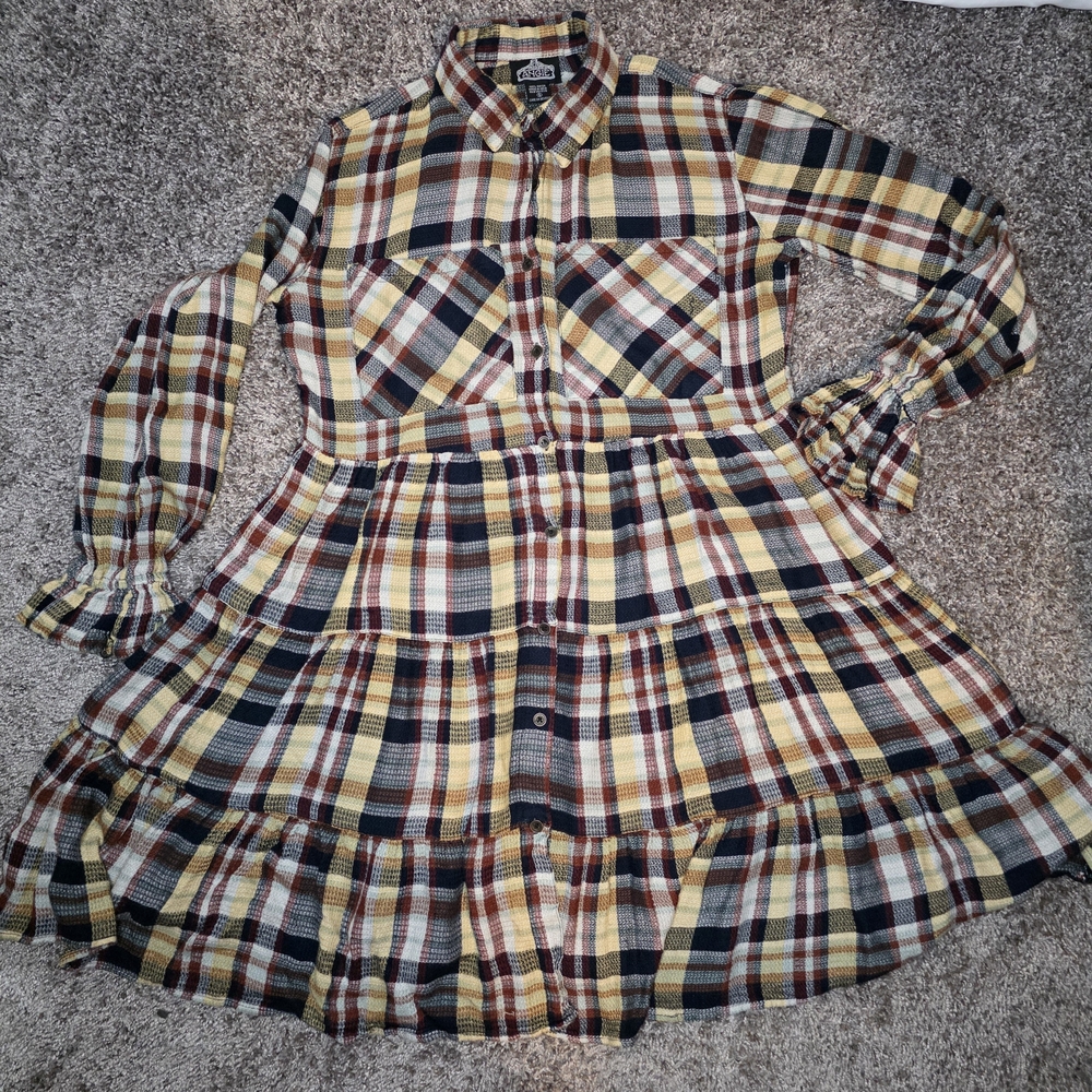 Angie Multicolor Plaid Long Sleeve Dress Small